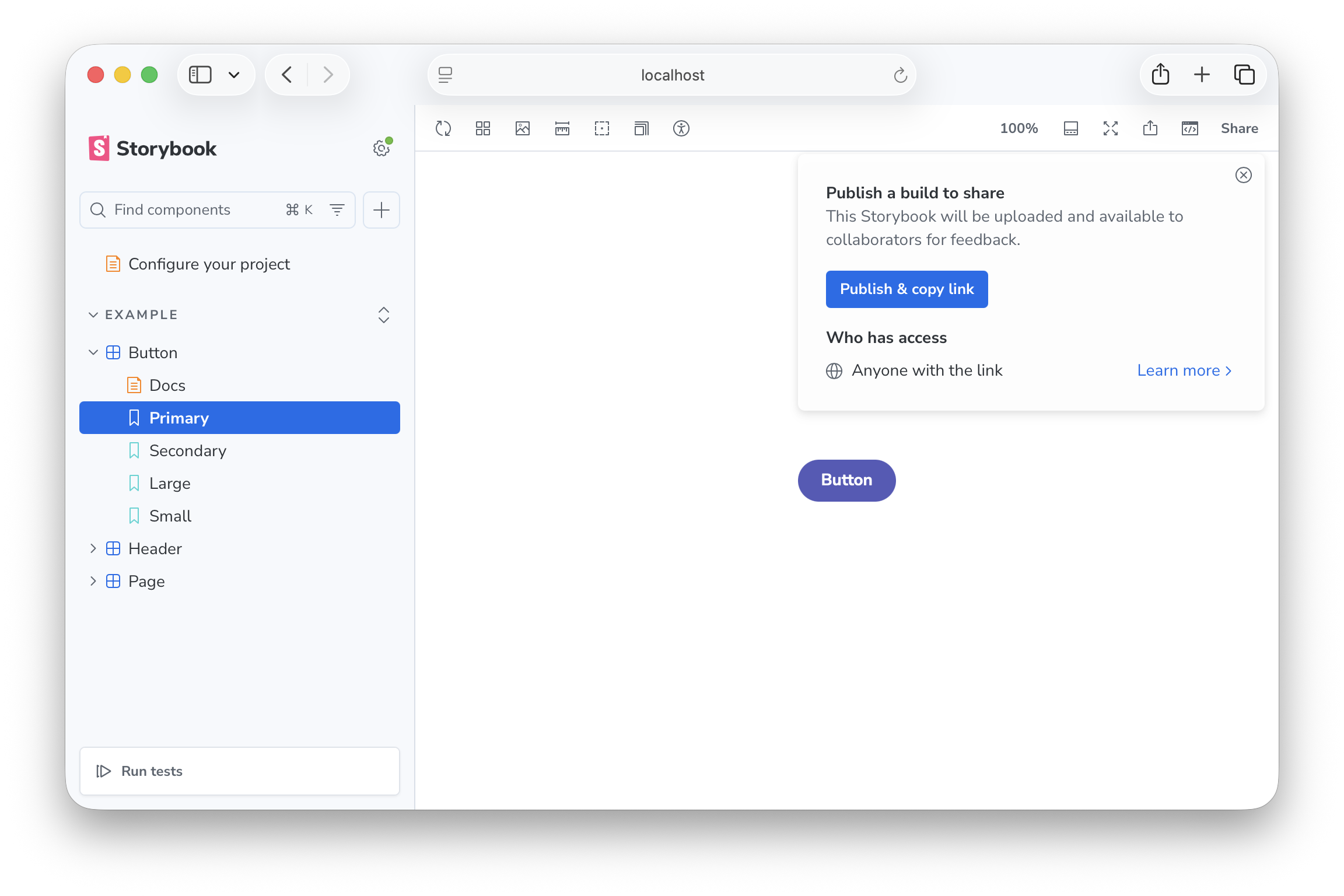 Share menu open, with title: Publish a build to share